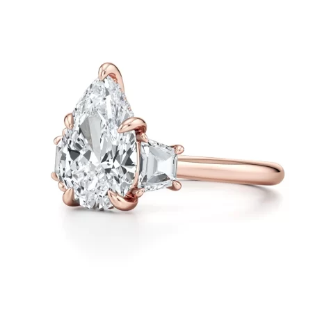 Chelseia — 2.00 Carat Pear-Shaped Lab Diamond Three-Stone Engagement Ring with Trapezoid Side Stones & Hidden Halo