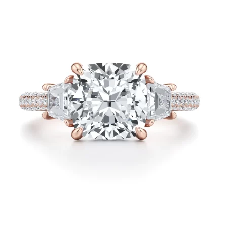 Chelseia — 5 Carat Cushion‑Cut Lab Diamond Three‑Stone Engagement Ring with Trapezoid Side Stones & Triple Pavé Band (18K Rose Gold)