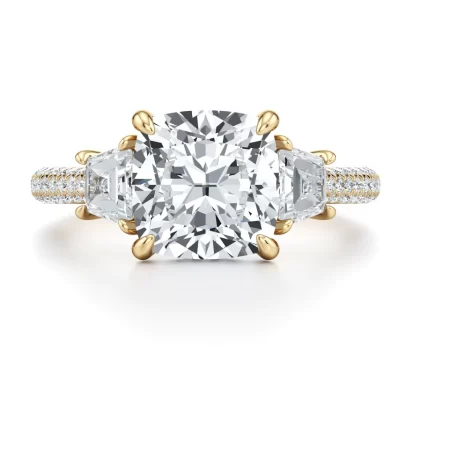 Chelseia — 1.50 Carat Cushion-Cut Lab Diamond Three-Stone Engagement Ring with Trapezoid Side Stones & Triple Pavé Band