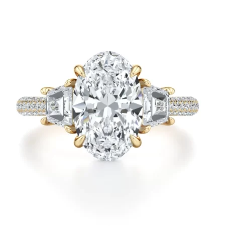 Chelseia — 2.50 Carat Oval Lab Diamond Three-Stone Engagement Ring with Trapezoid Side Stones & Triple Pavé Band